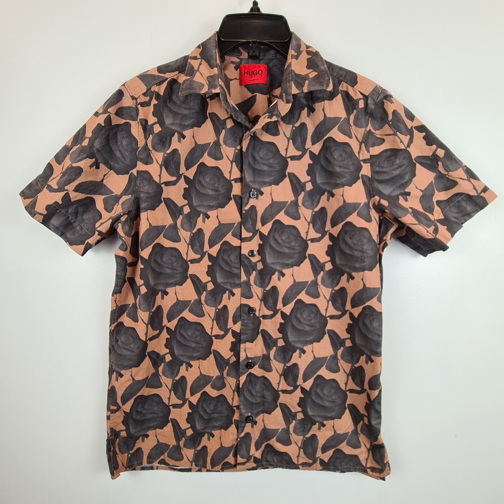 Hugo Boss HUGO Mens XS Brown Black Rose Floral Short Sleeve Button Up Shirt